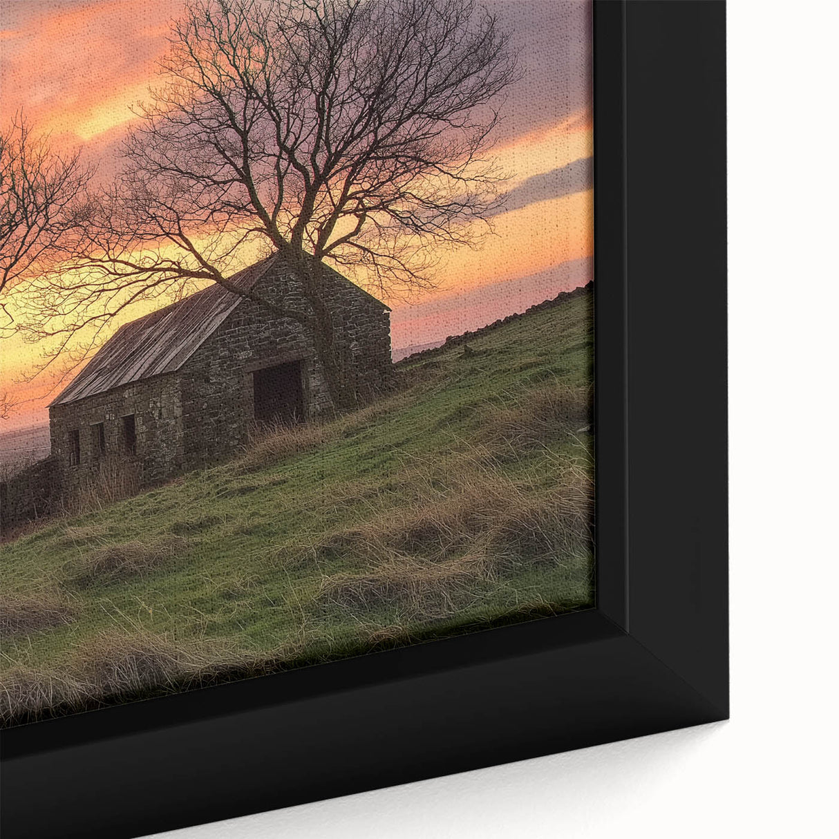Close-up of a landscape barn-themed canvas print showcasing rich textures and vibrant colors, ideal for rustic home decor and art enthusiasts. Perfect for enhancing country-style interiors.