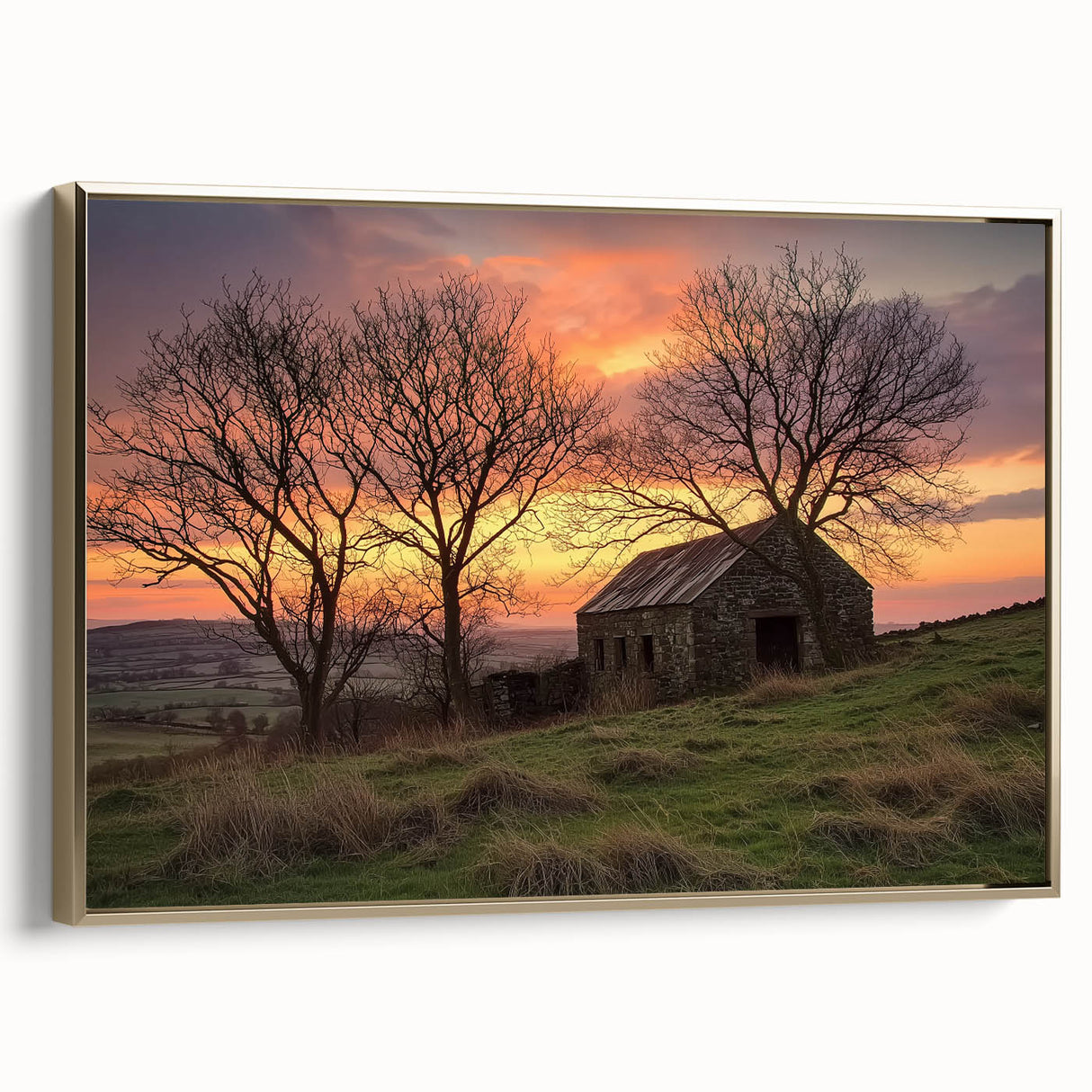 Elegant landscape barn art canvas print framed in gold, showcasing rich colors and intricate details, ideal for enhancing home decor with rustic charm.