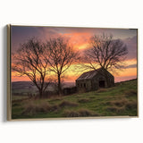Elegant landscape barn art canvas print framed in gold, showcasing rich colors and intricate details, ideal for enhancing home decor with rustic charm.