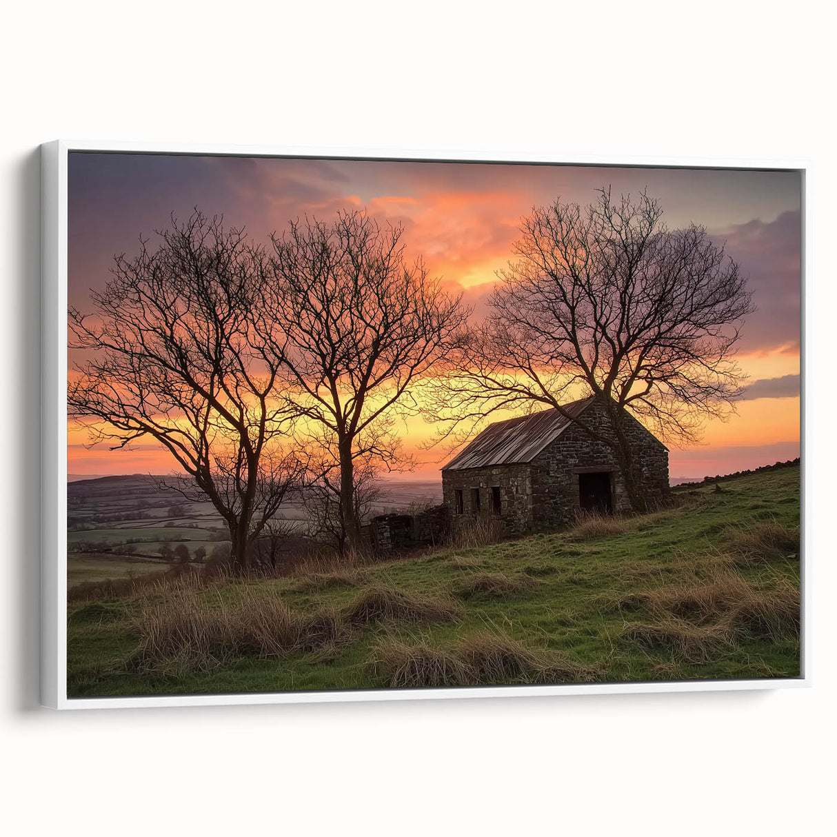 Barn-themed landscape canvas artwork framed in white, showcasing vibrant colors and rustic charm, perfect for enhancing home decor in country-style settings.