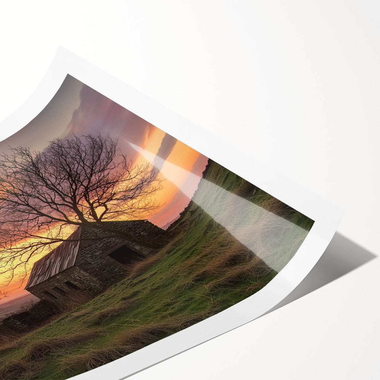 Rolled landscape barn print showcasing a serene rural setting with vibrant colors, packaged securely in a durable cardboard tube for easy transport and display.