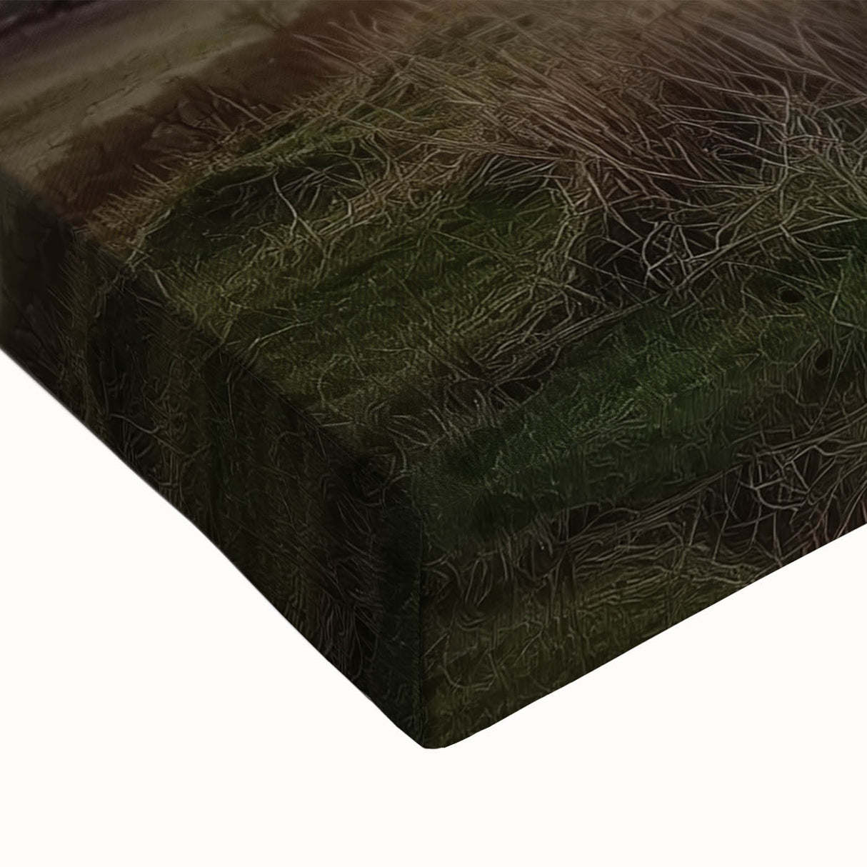 Close-up of a stretched canvas print showcasing a vibrant landscape scene with a rustic barn, highlighting rich colors and detailed textures, perfect for home decor.