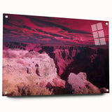 Stunning acrylic glass artwork depicting a vibrant landscape of canyons, showcasing rich earth tones and intricate details, mounted with stylish pins for display elegance.