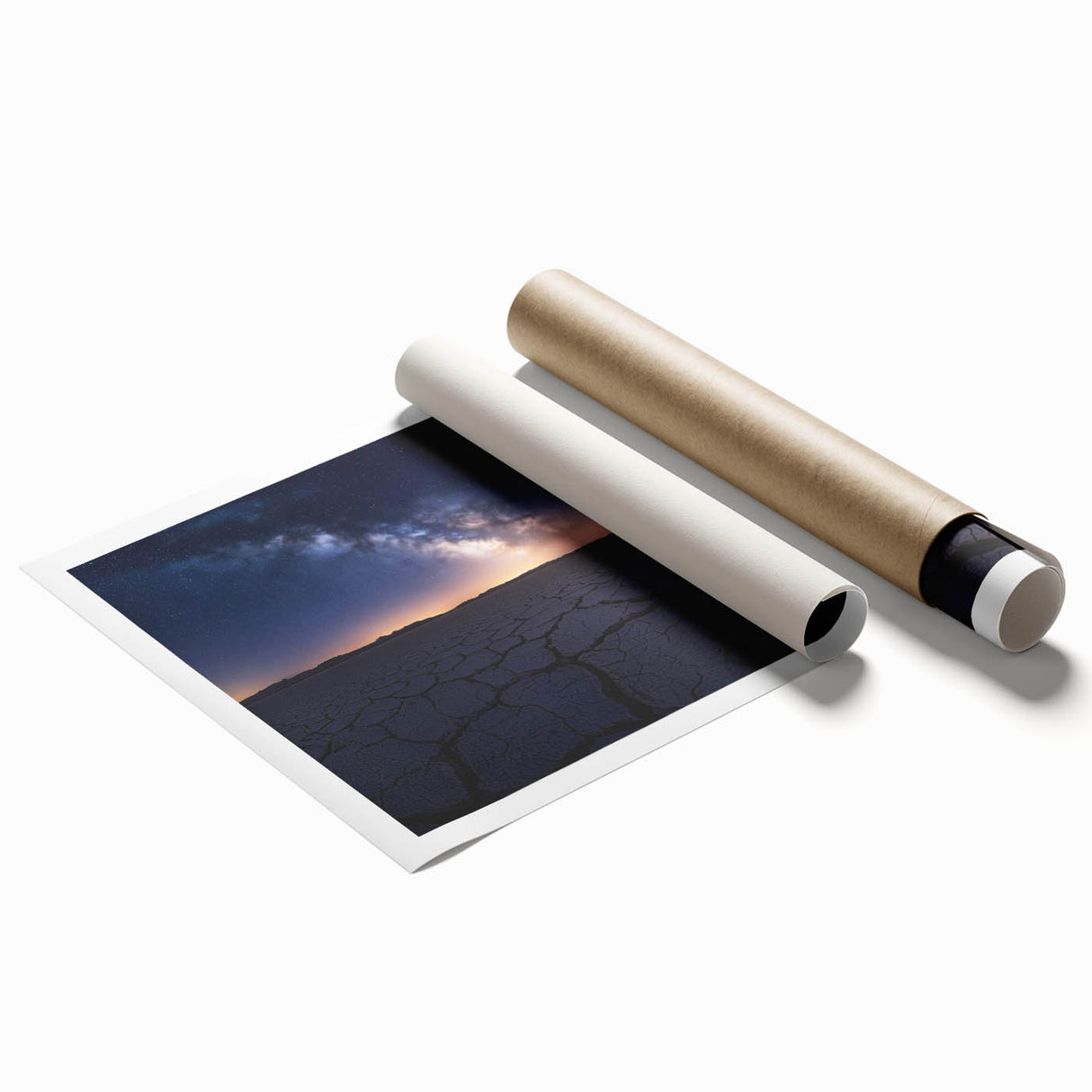 Desert landscape rolled canvas print showcasing warm colors and intricate details, elegantly packaged in a protective cardboard tube for safe delivery.