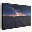 Desert landscape stretched canvas artwork showcasing vibrant hues of orange and yellow, depicting a serene sunset over sand dunes, perfect for home decor.