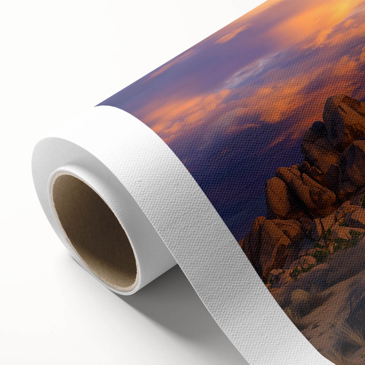 Vibrant rolled canvas showcasing a serene landscape with rolling green fields and a bright blue sky, elegantly packaged in a protective cardboard tube for easy transport. Perfect for nature-themed decor.