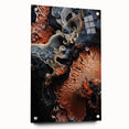 Large abstract wall art on acrylic glass featuring swirling blue and gray tones, ideal for bedroom or dining room decor.
