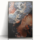 Mid-century modernist art of abstract shapes in muted earth tones, framed in silver acrylic.