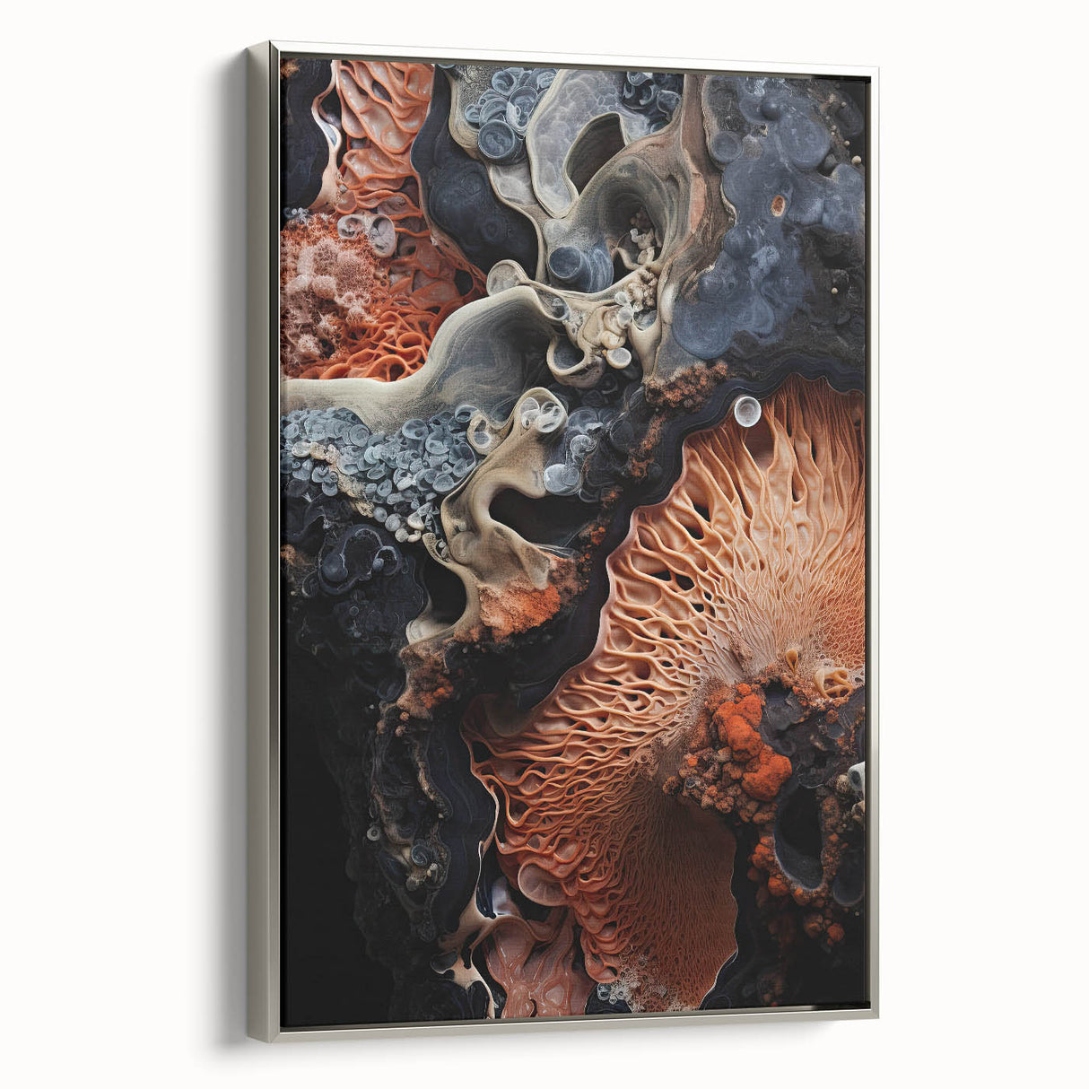 Landscape art painting on framed canvas, featuring a vintage poster style with a palette of black and colorful elements.