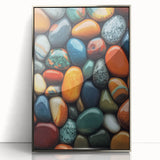 Mid-century modernist art depicting nature elements in muted green and brown tones, framed in silver acrylic.