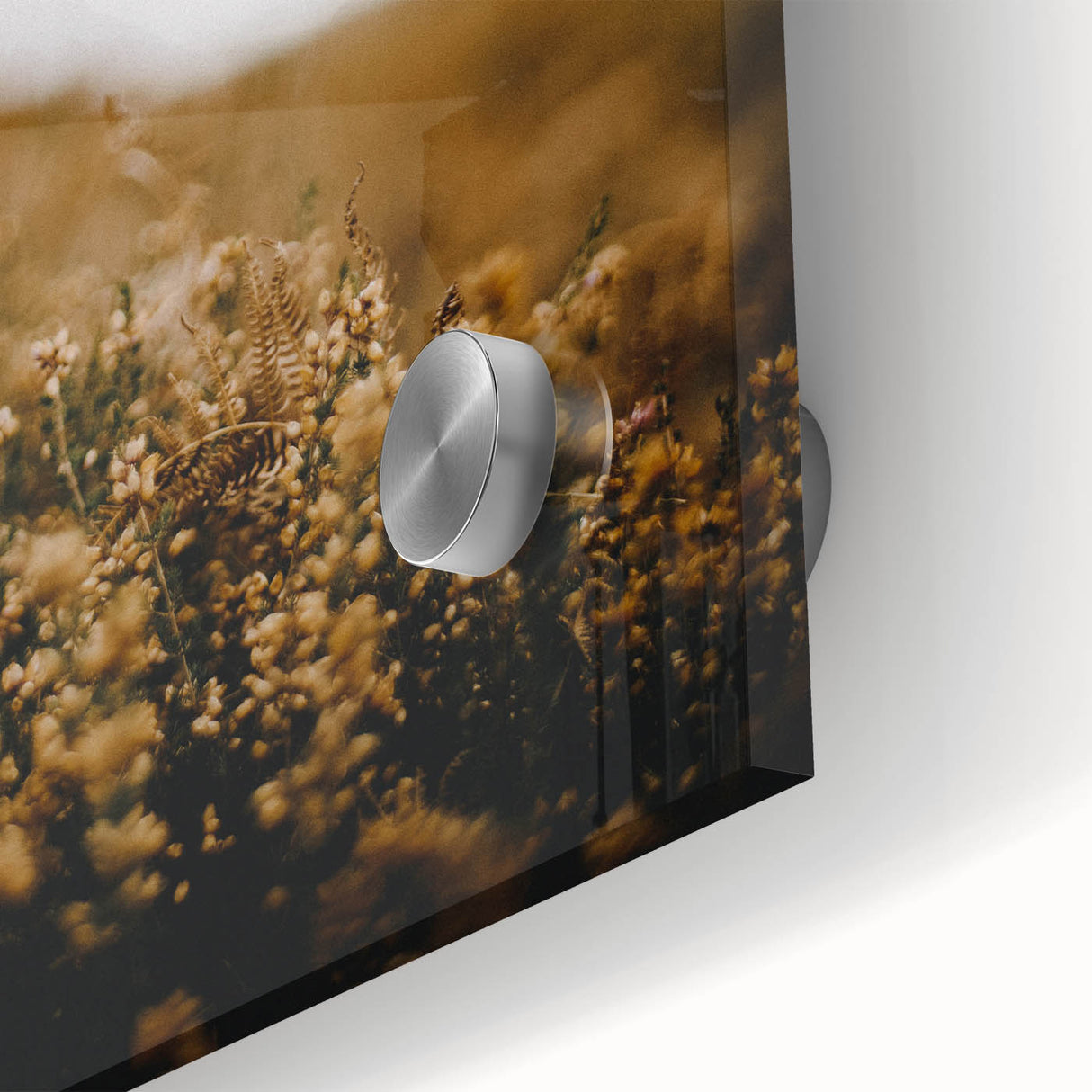 Large abstract wall art in warm autumn hues on acrylic glass, ideal for dining room ambiance.