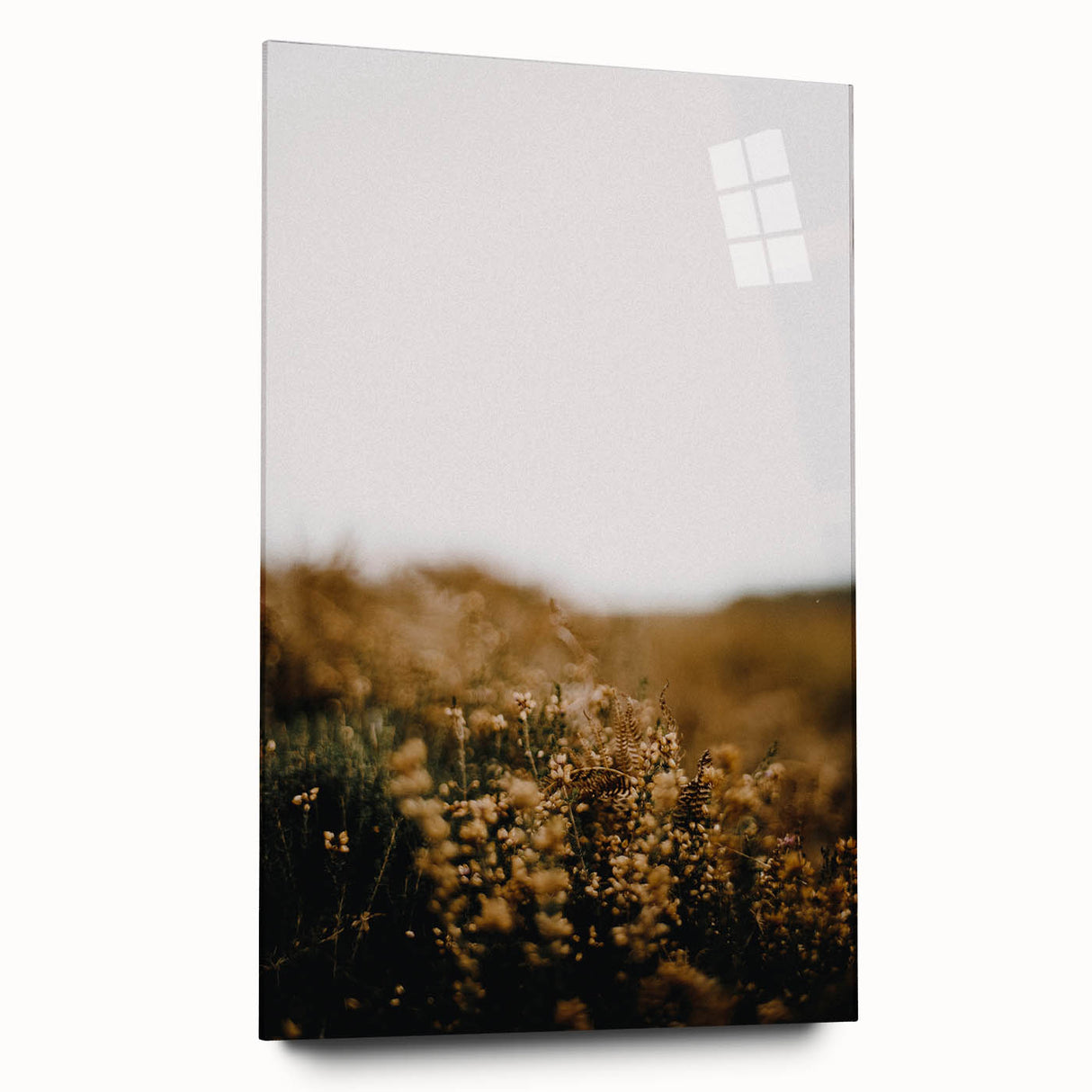 Large abstract wall art on acrylic glass depicting swirling autumn hues, ideal for bedroom or dining room decor.