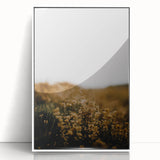 Art Deco style poster featuring autumnal trees in muted orange and brown tones, framed in white acrylic.