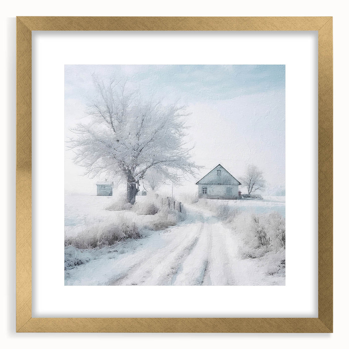 Abstract winter scene in textured whites and blues on a large canvas, framed in gold, ideal for living room decor.