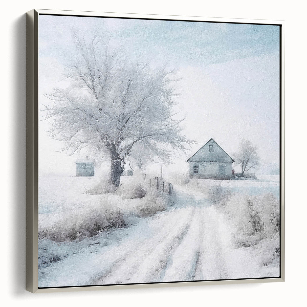 Winter landscape art painting on framed canvas, featuring a snowy scene in muted gray and black tones.