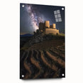 Acrylic glass artwork displaying a scenic landscape with a castle, viewed from the side and mounted with decorative pins, perfect for home decor.