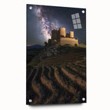 Acrylic glass artwork displaying a scenic landscape with a castle, viewed from the side and mounted with decorative pins, perfect for home decor.