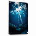 Acrylic glass artwork showcasing a stunning side view of landscapes and caves, featuring vibrant colors and intricate details, displayed with decorative pins for an artistic touch.