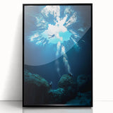 Framed acrylic print showcasing a serene landscape with caves, featuring a black border and a modern design suitable for home decor. Ideal for art enthusiasts seeking unique wall accents.