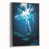 Framed canvas artwork showcasing a stunning cave landscape in silver tones, viewed from the side, perfect for modern home decor and interior design aesthetics.