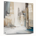 Side view of a striking abstract architecture wall art piece, showcasing vibrant acrylic colors and a sleek glass finish, complemented by decorative pins for easy hanging. Perfect for modern interior decor enthusiasts.