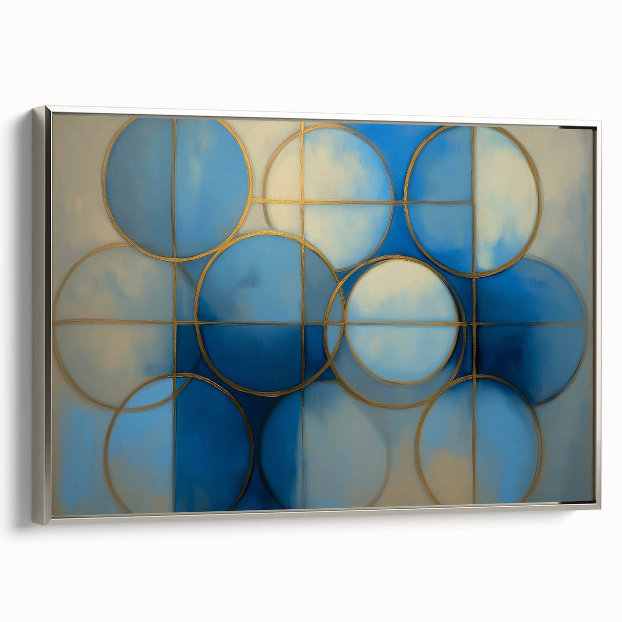 Framed canvas artwork showcasing a silver abstract geometric design, elegantly displayed from a side view, perfect for modern home decor and artistic interiors.