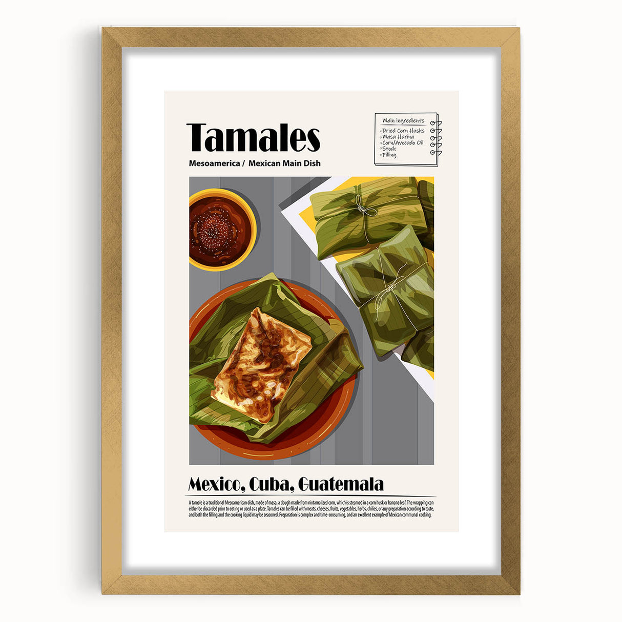 Extra large abstract art print featuring textured food dishes in muted earth tones, framed in gold.