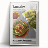 Mid-century modernist art featuring an array of stylized food dishes in muted tones on a silver-framed acrylic print.