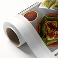 Art deco poster featuring assorted food dishes in muted earth tones on rolled canvas, ideal for dining room wall art.