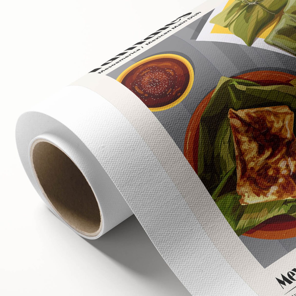 Art deco poster featuring assorted food dishes in muted earth tones on rolled canvas, ideal for dining room wall art.