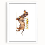 Abstract art print of food and drinks in muted earth tones, framed with a white mat, ideal for dining room decor.