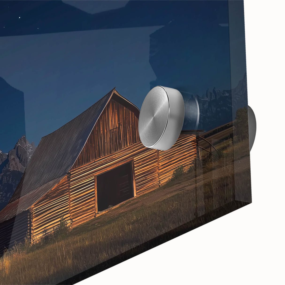 Close-up of a landscape acrylic glass artwork showcasing a rustic barn, with vibrant colors and intricate details, perfect for home decor enthusiasts.