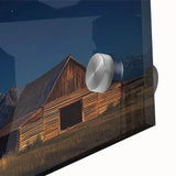 Close-up of a landscape acrylic glass artwork showcasing a rustic barn, with vibrant colors and intricate details, perfect for home decor enthusiasts.