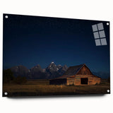 Acrylic glass artwork showcasing a modern landscape barn scene from a side view, highlighted with colorful details and secured with visible pins, perfect for home decor.