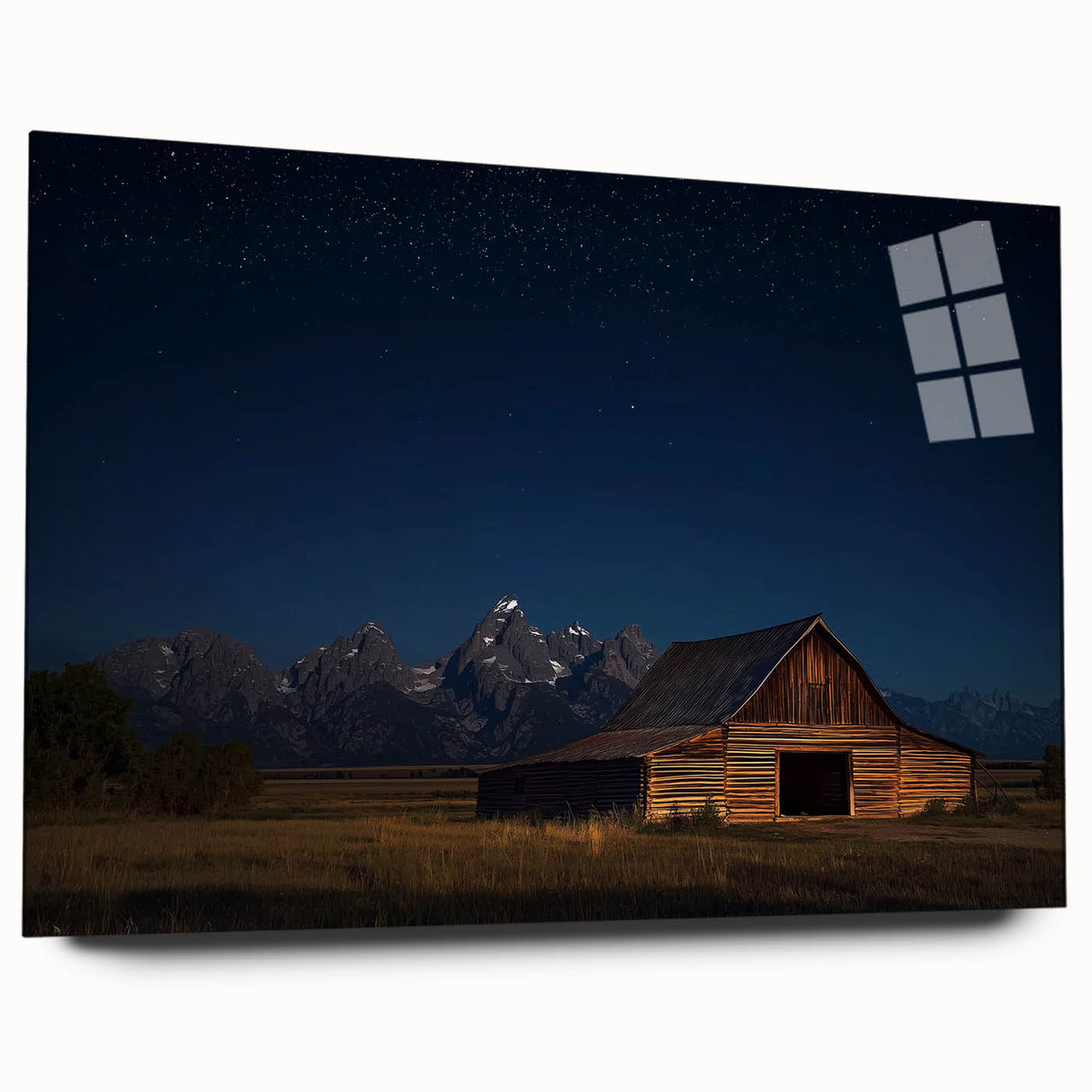 Landscape barn design displayed in acrylic glass, showcasing vibrant colors and intricate details, ideal for home decor or art enthusiasts. The side view highlights its sleek finish and modern aesthetic.