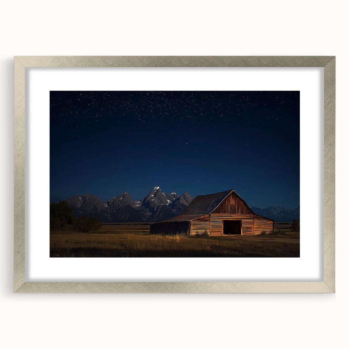 Landscape barn frame with a silver mat, showcasing a rustic design that enhances home decor. The frame features a sleek front view, perfect for displaying art or photos.