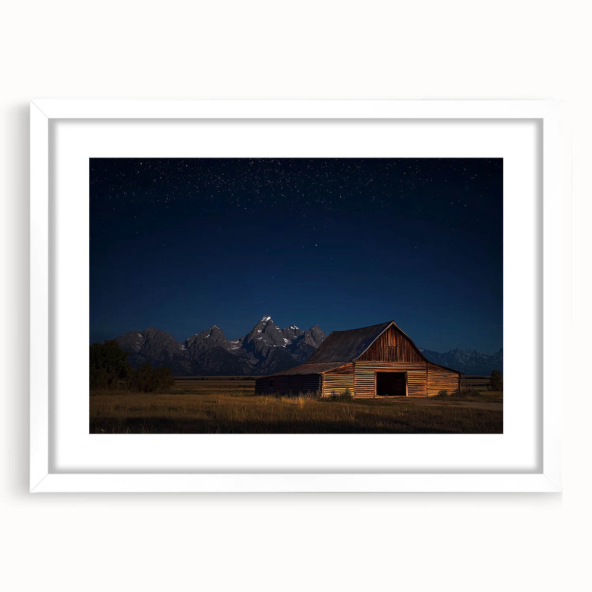 Landscape barn frame artwork featuring a white mat, showcasing a rustic farmhouse scene with vibrant greenery and a clear blue sky, ideal for home decor.