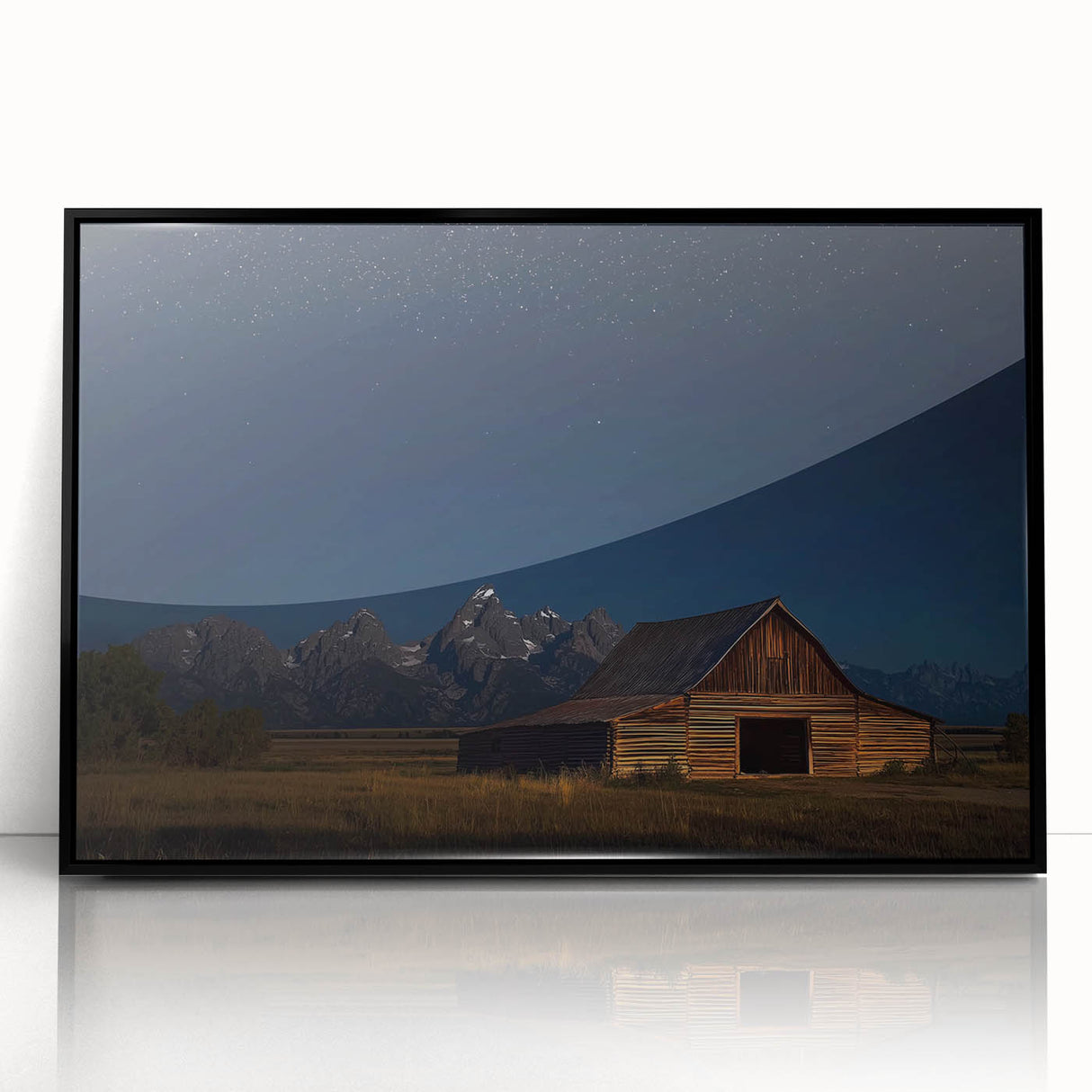 Framed acrylic artwork of a vibrant landscape, showcasing a barn in a picturesque setting with a black frame, ideal for home decor and rustic aesthetics.