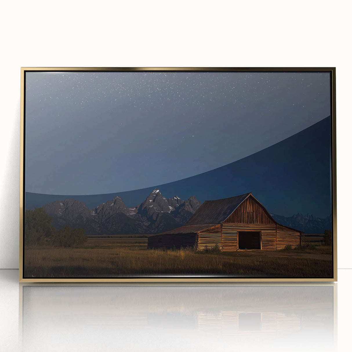 Framed acrylic artwork showcasing a barn landscape design with rich gold accents, ideal for enhancing rustic home decor. The vibrant colors and intricate details create a striking focal point for any room.