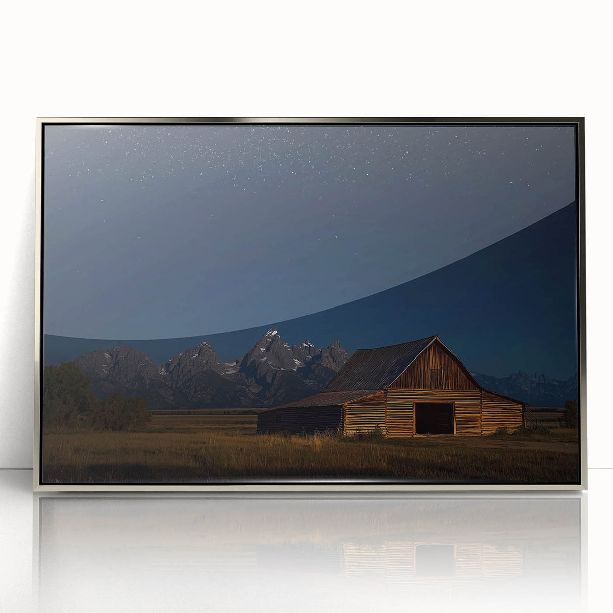 Framed acrylic artwork of a serene landscape featuring a rustic barn surrounded by lush greenery, capturing a tranquil rural scene with vibrant colors and intricate details. Perfect for home decor enthusiasts seeking nature-inspired art.