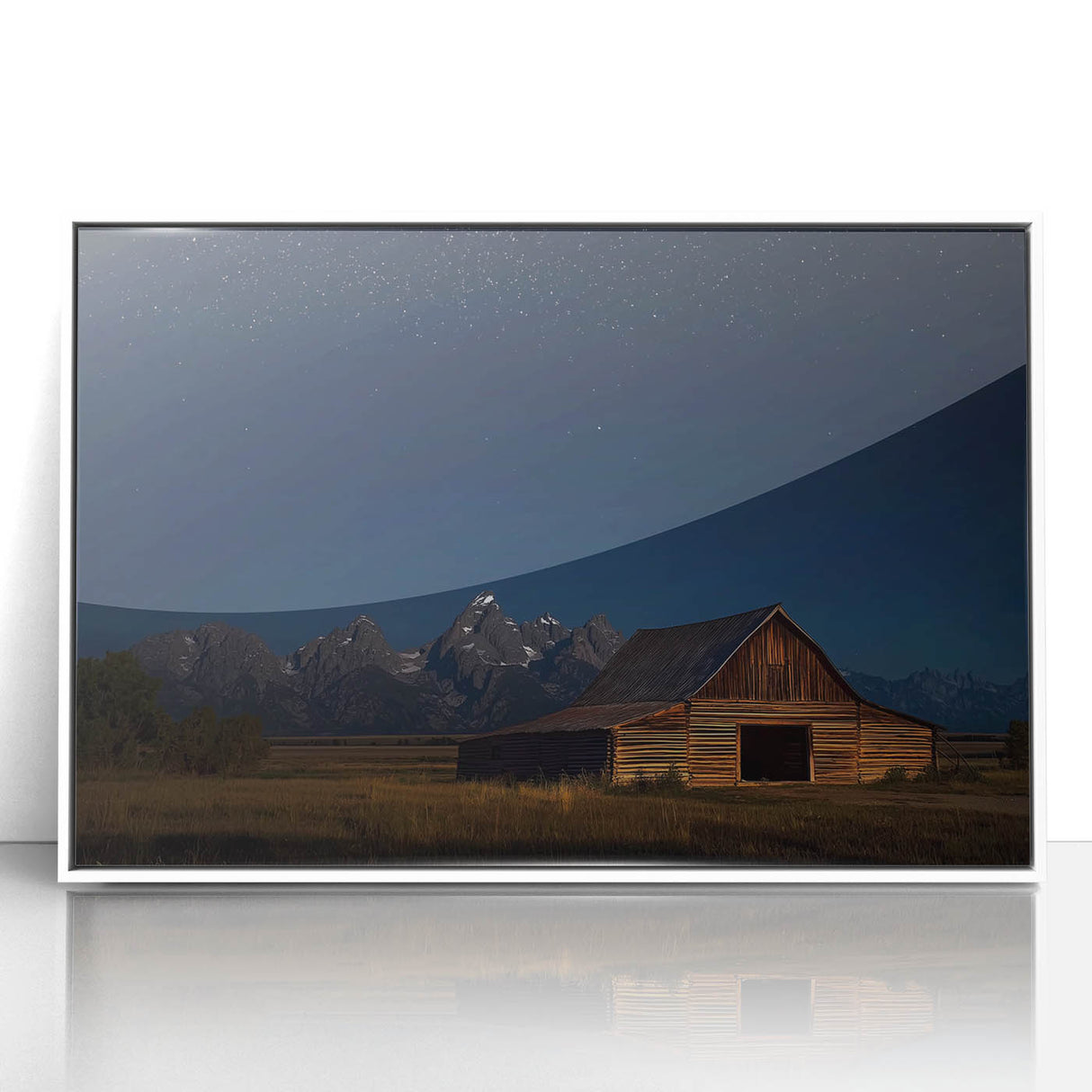 Framed acrylic wall art featuring a picturesque landscape of a barn, showcasing vibrant colors and fine details, perfect for home decor enhancement.