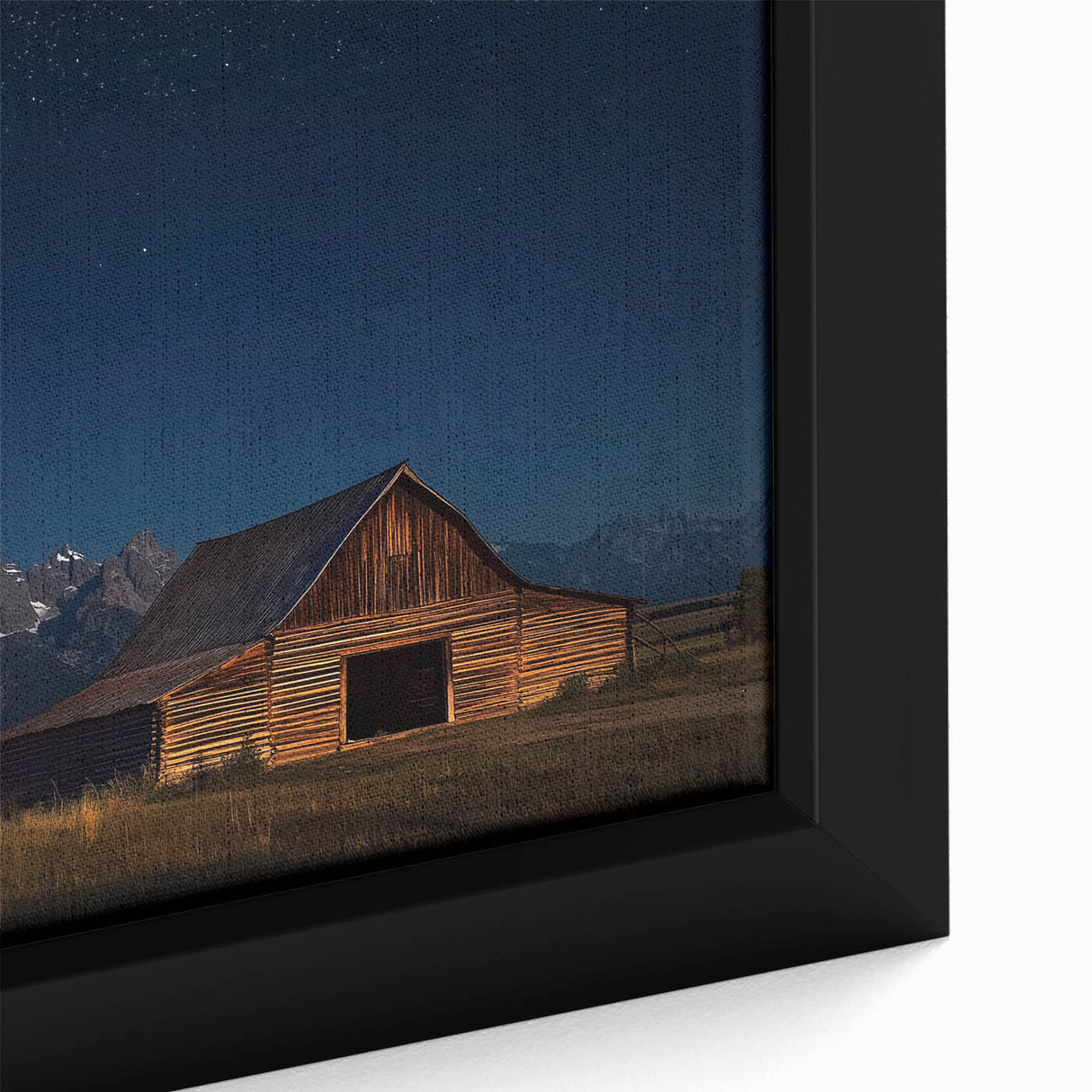 Close-up of a beautifully framed landscape barn canvas print showcasing rich colors and intricate details, perfect for rustic home decor. Ideal for enhancing living spaces with a touch of nature and artistry.