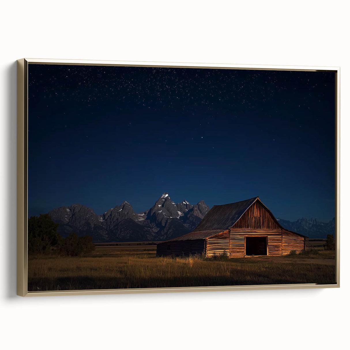 Landscape canvas print featuring a barn scene framed in gold, showcasing vibrant colors and intricate details, perfect for rustic home decor.