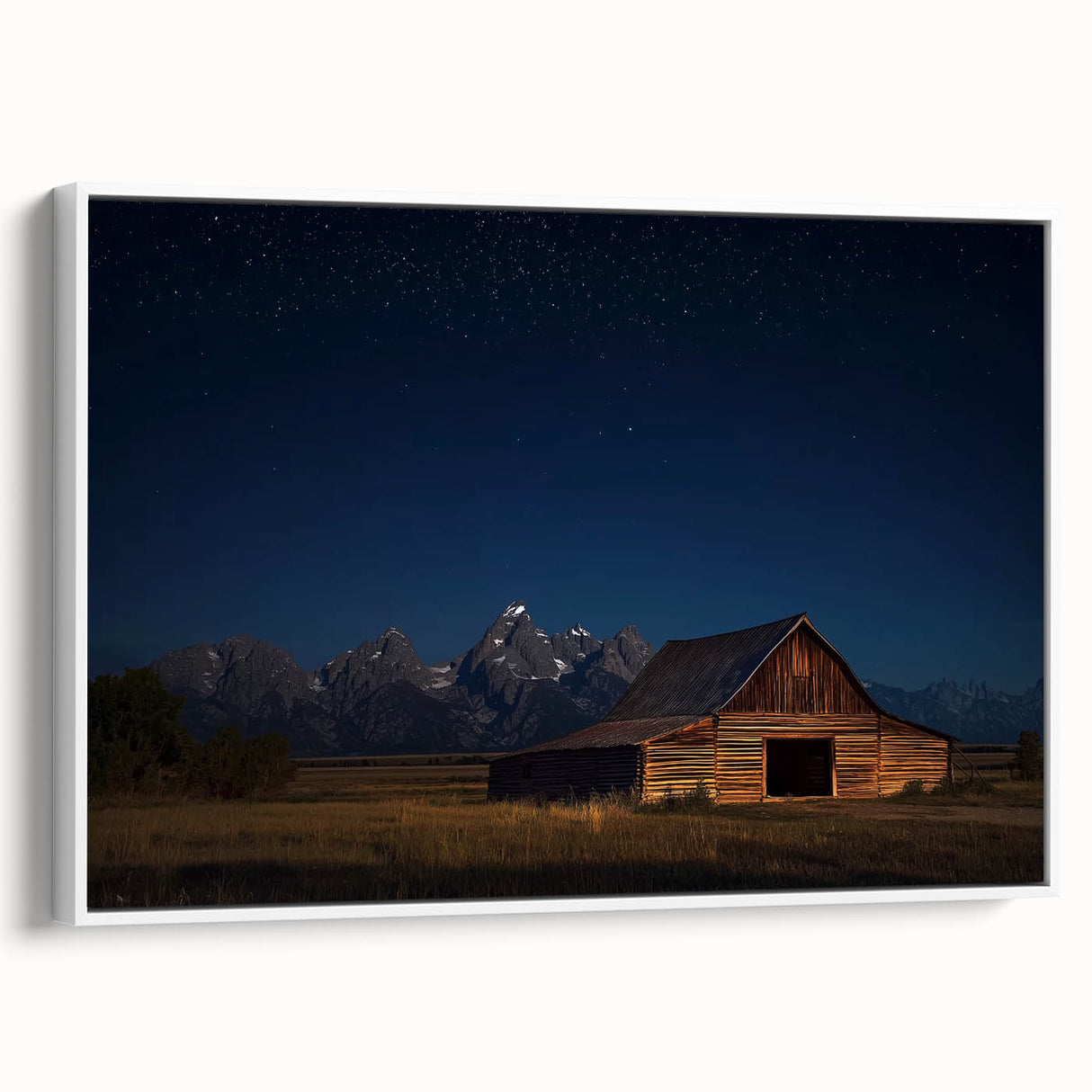 Landscape canvas print of a barn design featuring a rustic white frame, showcasing a side view with detailed textures and natural colors, ideal for home decor.