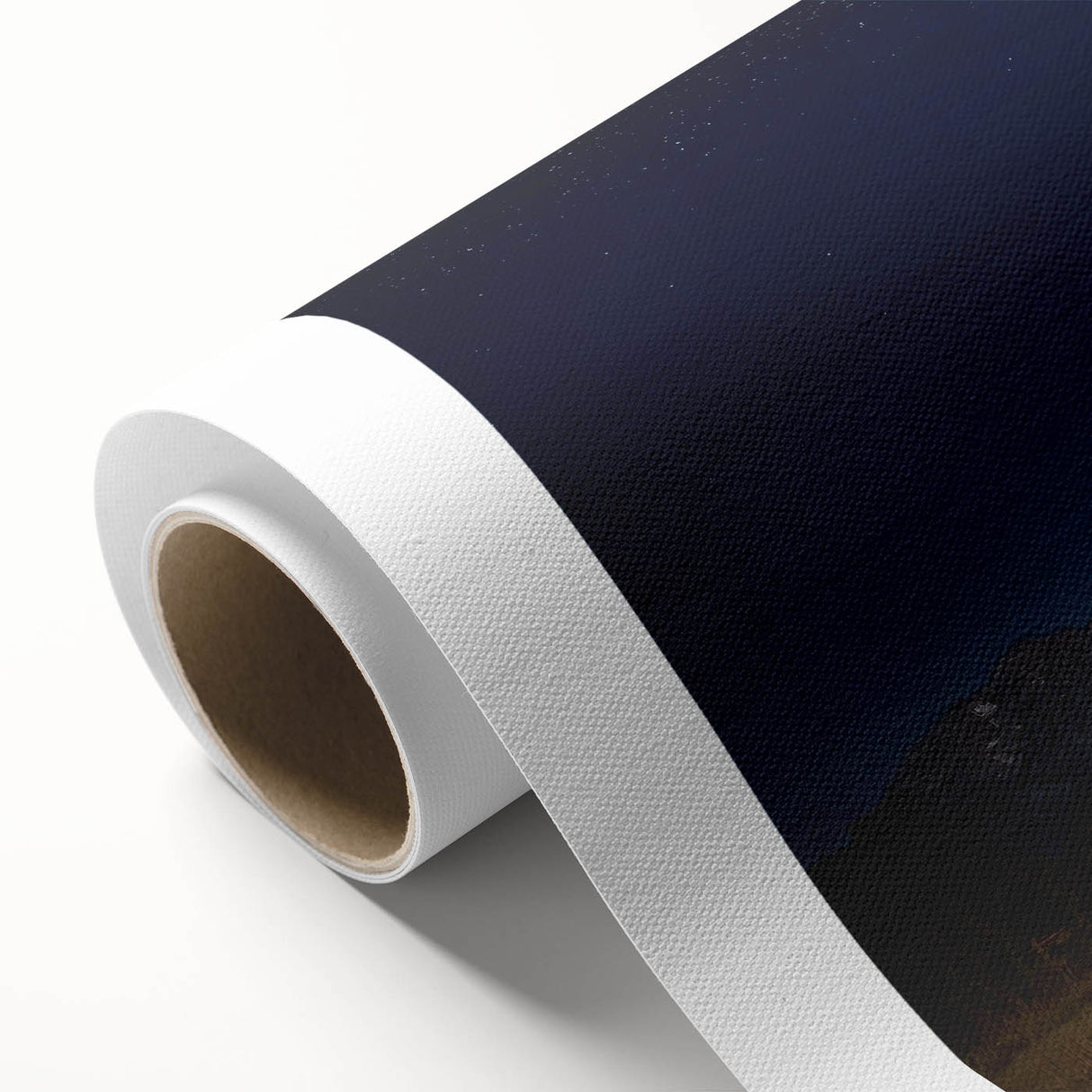 Rolled canvas showcasing a rustic barn landscape design with rich colors and intricate details, securely packaged in a durable cardboard tube for safe transport.