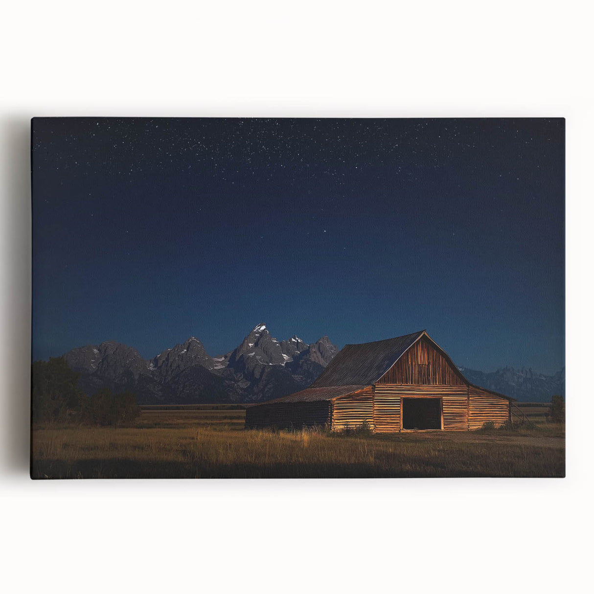 Stretched canvas artwork featuring a vibrant barn landscape scene with rolling hills and a bright blue sky, perfect for rustic home decor. Ideal for enhancing interior spaces.