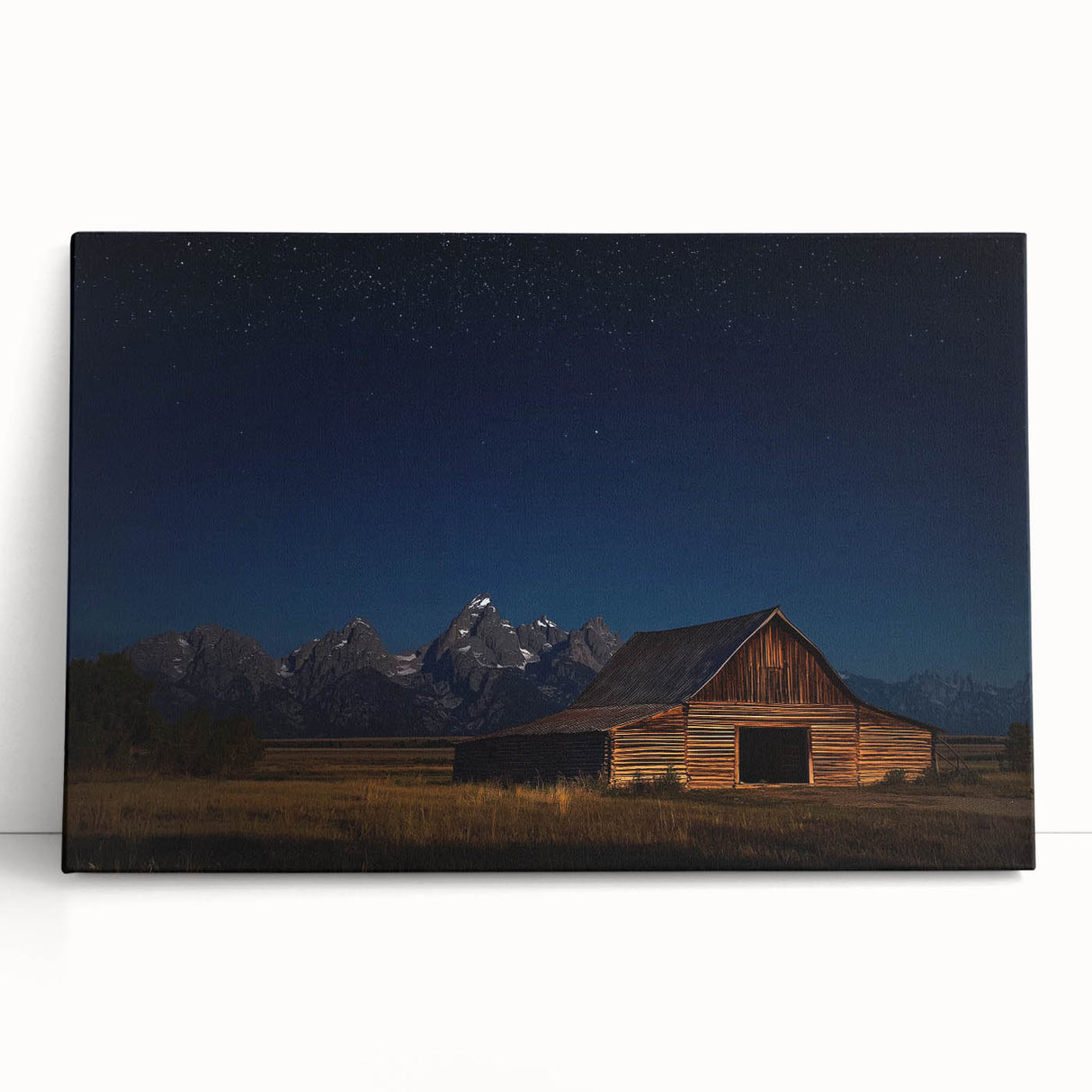 Stretched canvas artwork depicting a serene landscape with a rustic barn, highlighted by vibrant colors and natural elements, ideal for home decor.