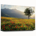 Acrylic glass landscape artwork showcasing a serene countryside view, framed with pins for easy display, emphasizing vibrant colors and detailed textures.