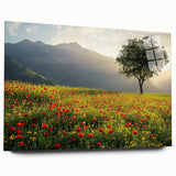 Acrylic landscape artwork depicting a serene countryside scene, showcasing vibrant greens and blues, framed in elegant glass for modern home decor. This piece captures the essence of nature's beauty with a side view that highlights intricate details and colors.