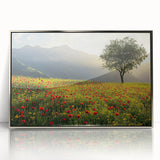 Framed acrylic landscape artwork showcasing a serene countryside scene with vibrant greens and soft blues, ideal for home decor and enhancing interior aesthetics.